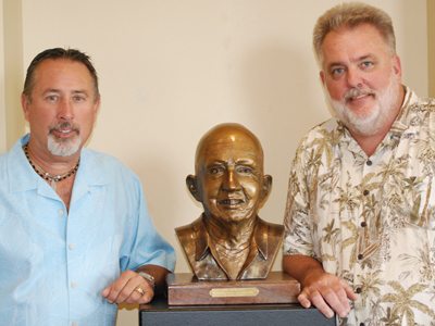 Ed Voelkel with Victor Trentadue and bronze portrait of his father Leo.